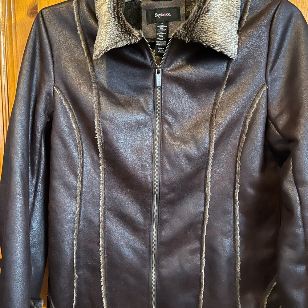Style & Co. Dark Brown Faux Leather Jacket with Cream Shearling Trim
